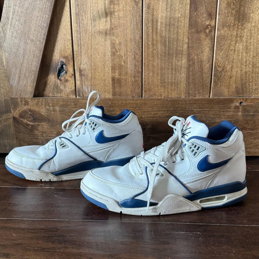 Men's Nike Air Flight ‘89 White and Blue Leather High Top Tennis Shoes
